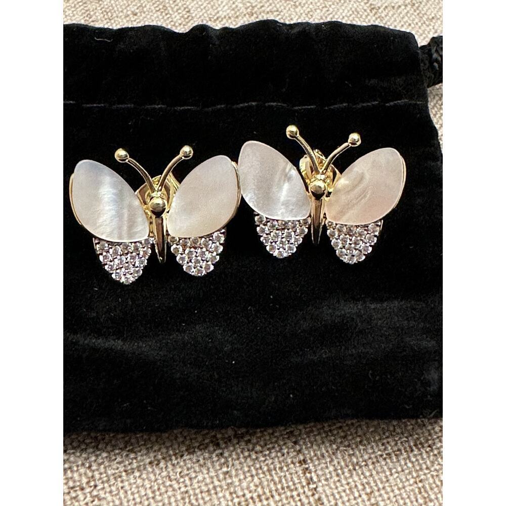 RACHEL GLAUBER Earrings 14k Gold Plated Mother Of Pearl Cubic Zirconia Butterfly - Picture 3 of 9